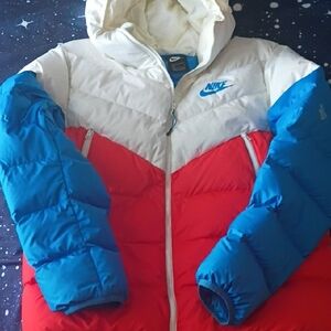 Nike Kids Tri-Color Puffer Jacket - Red, Blue, and White